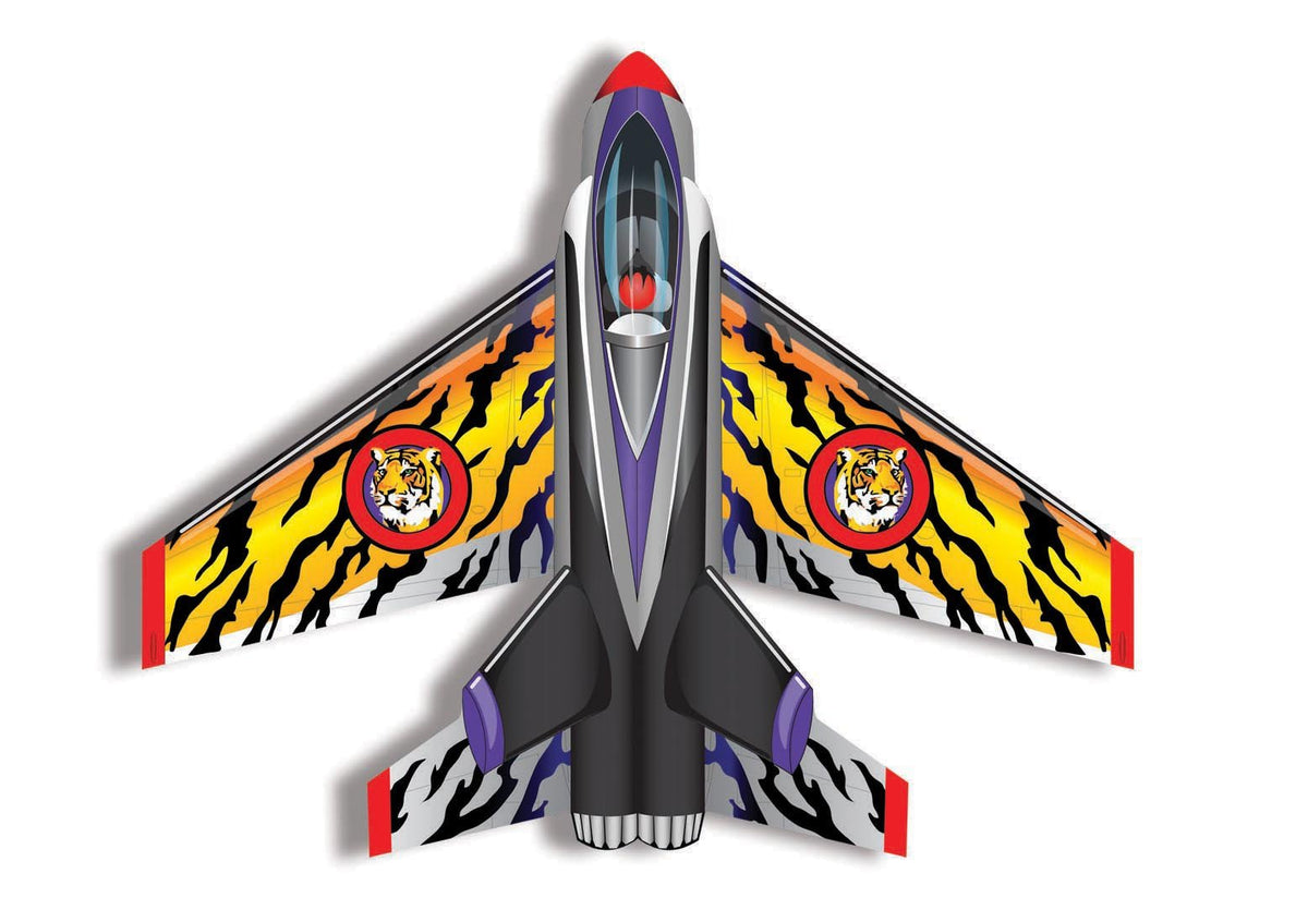 Jet plane kite with orange tiger-stripe wings and tiger head badges