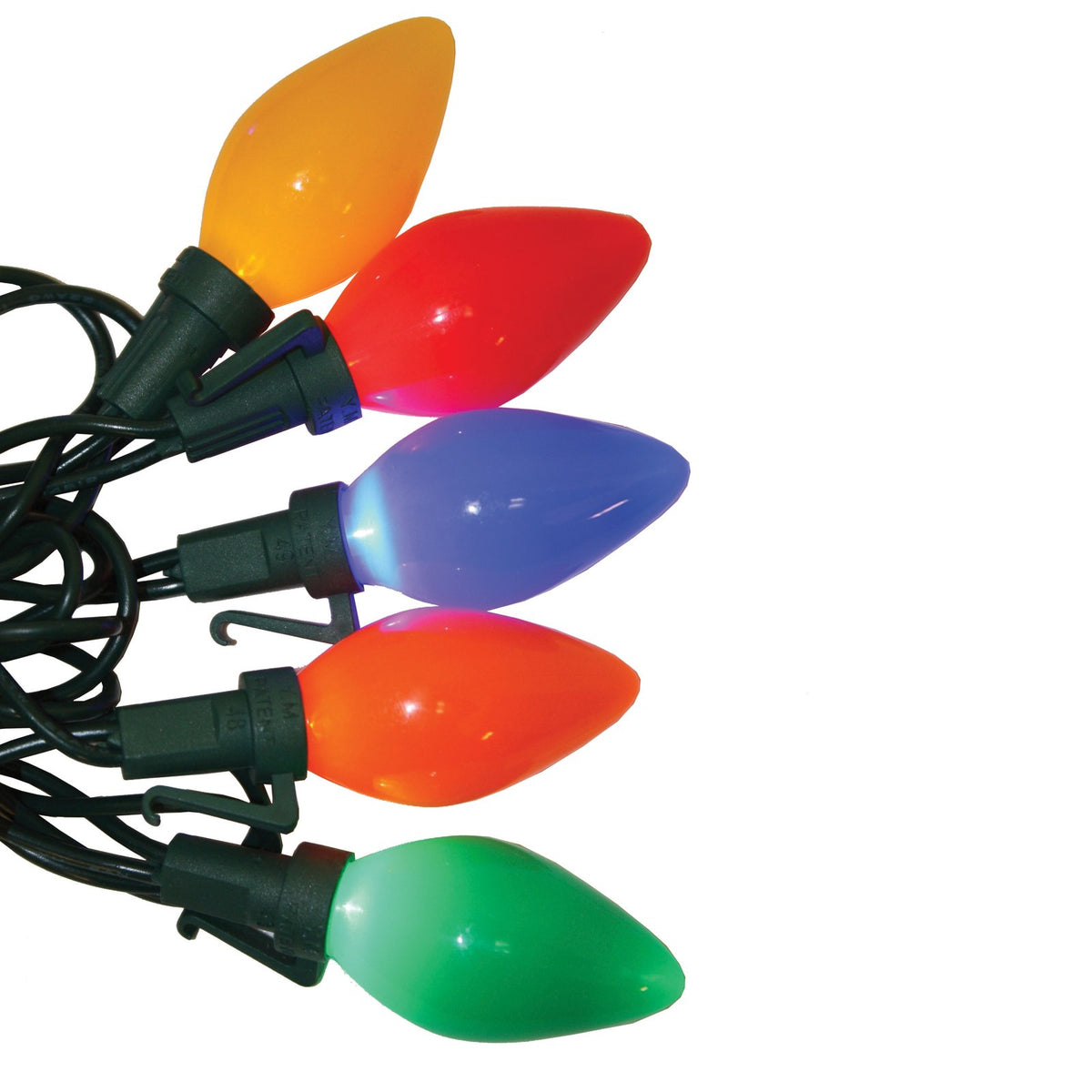 Yellow, red, blue, orange and green C7 LED bulbs on a green light string