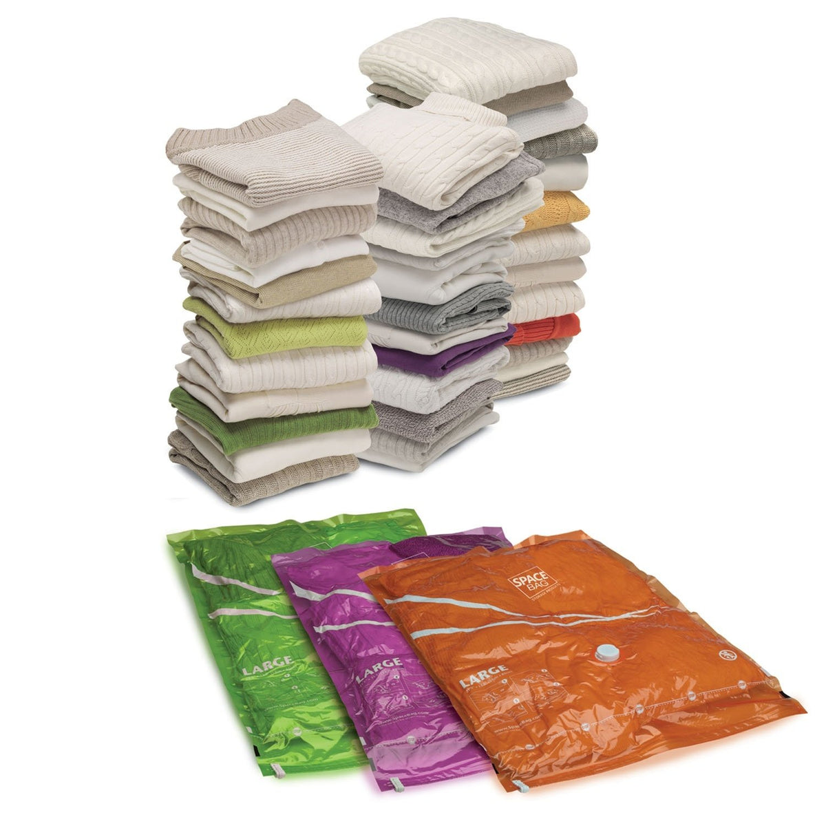 Three large vacuum storage bags in green, purple and orange below stacks of folded sweaters