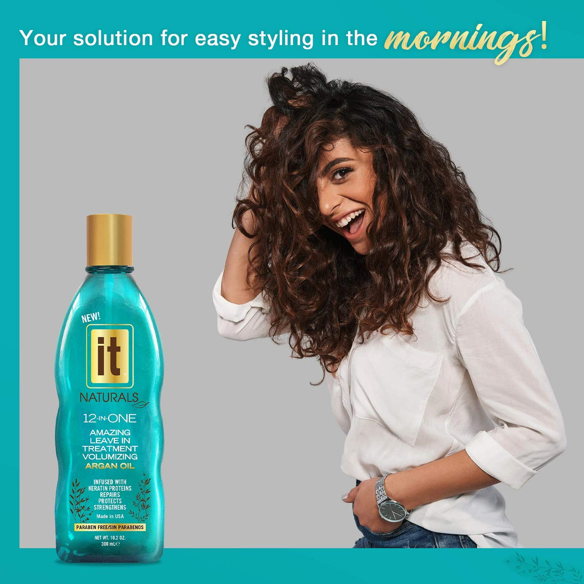 Smiling woman with big brown curls beside a turquoise leave-in treatment bottle