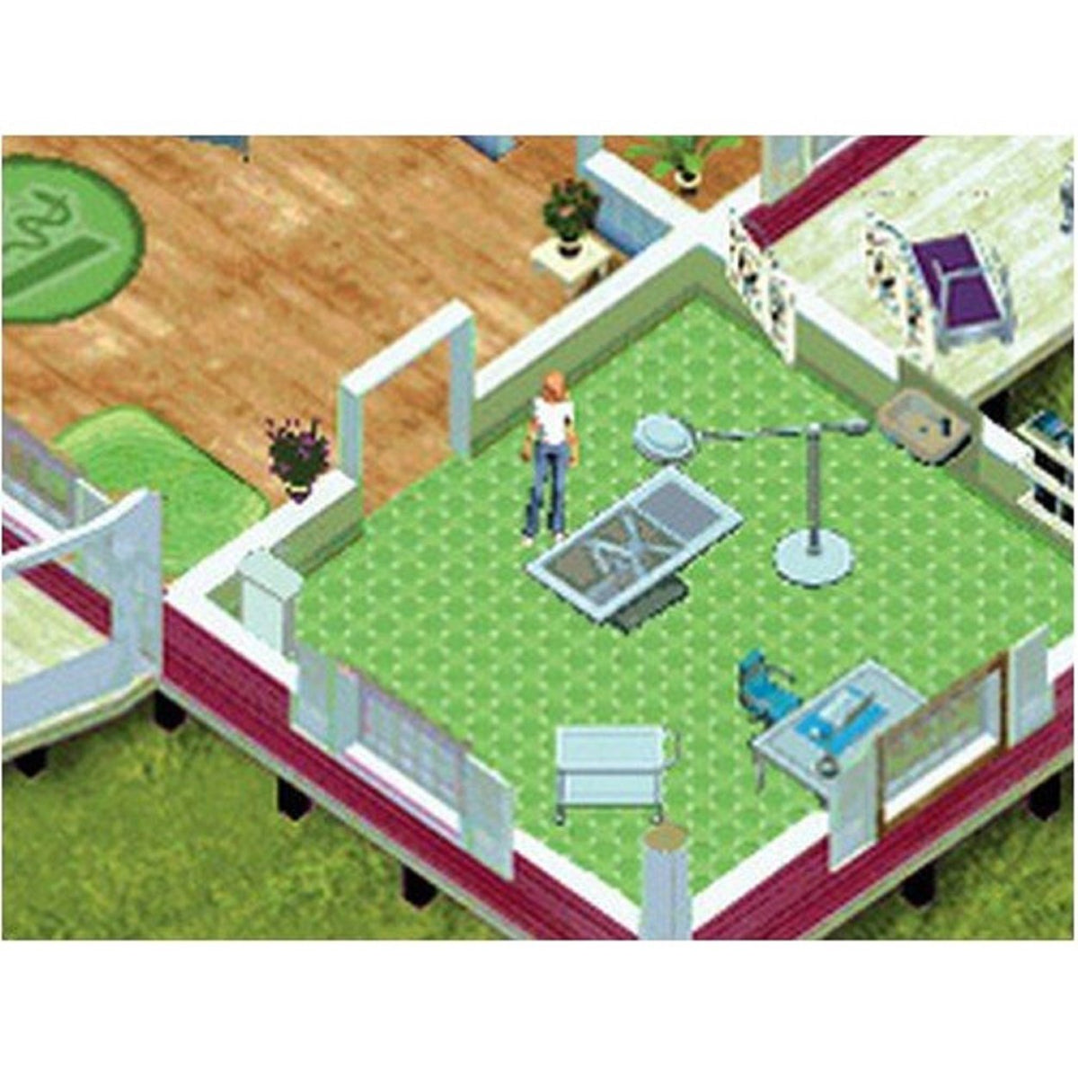 Game screen of a vet clinic room with an exam table, lamp and green carpet