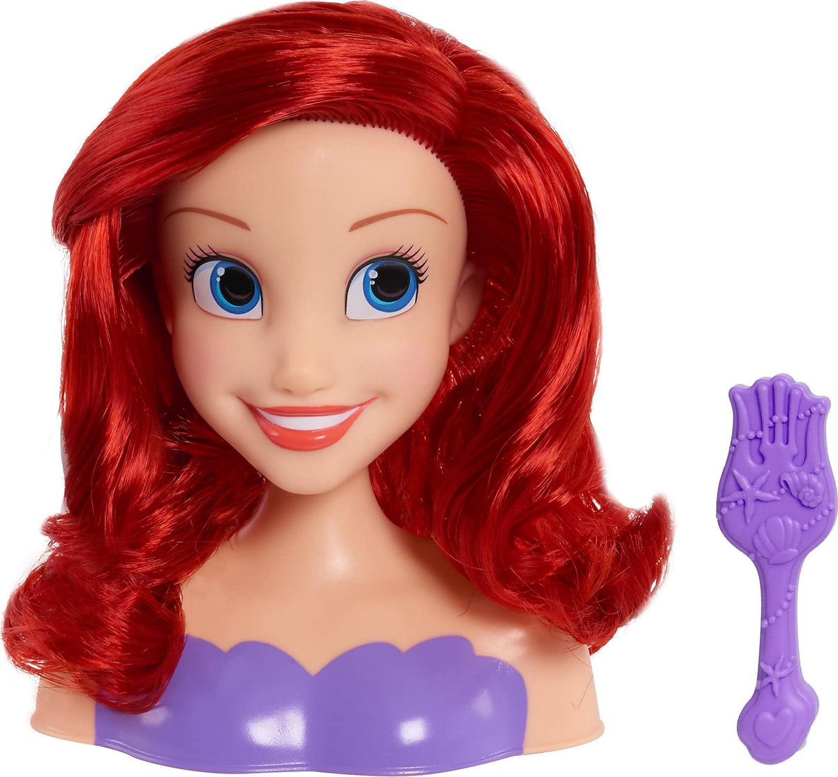 Ariel styling head with wavy red hair and a purple shell top beside a purple brush