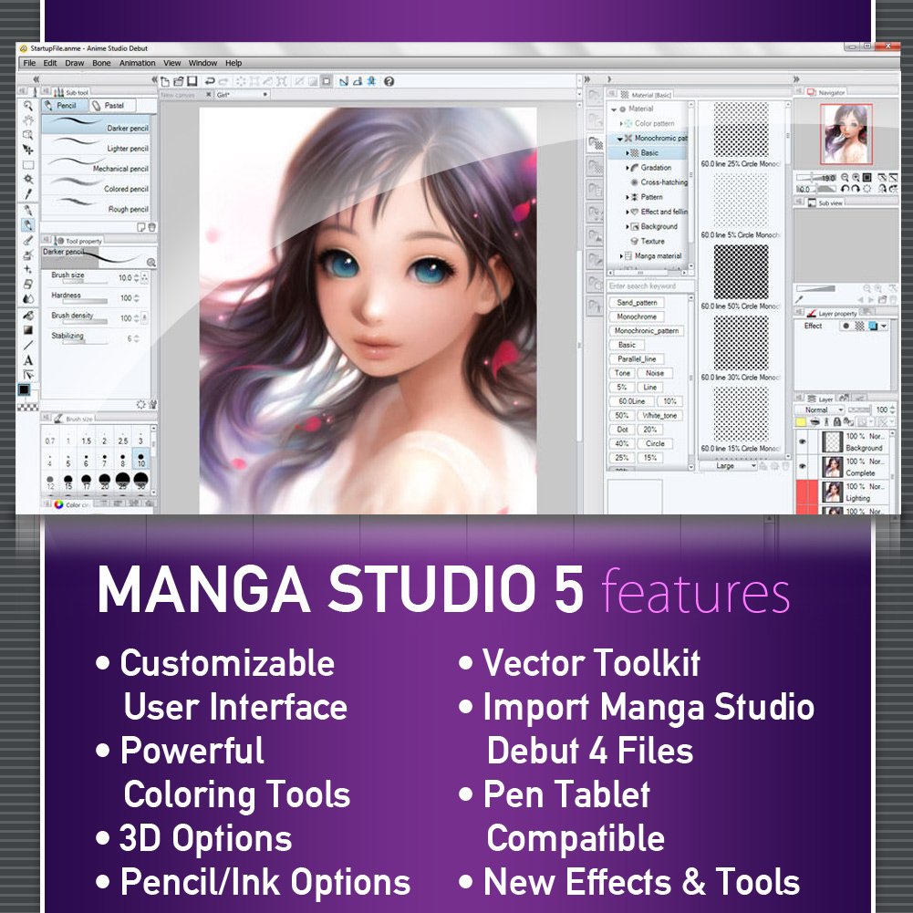 Manga Studio 5 screenshot of a painted anime girl portrait, with a list of features
