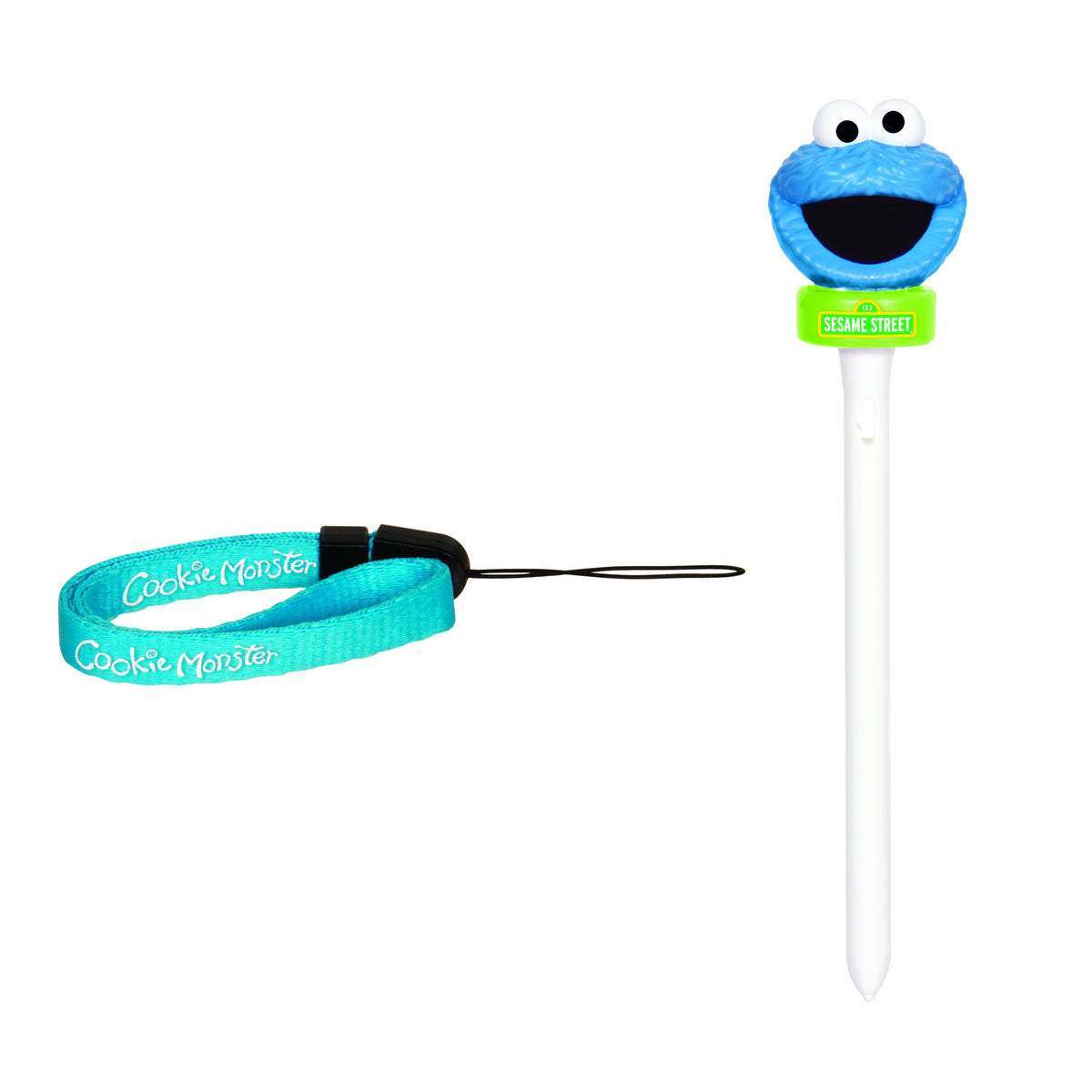 White Nintendo DS stylus topped with a Cookie Monster head, with a blue Cookie Monster wrist strap