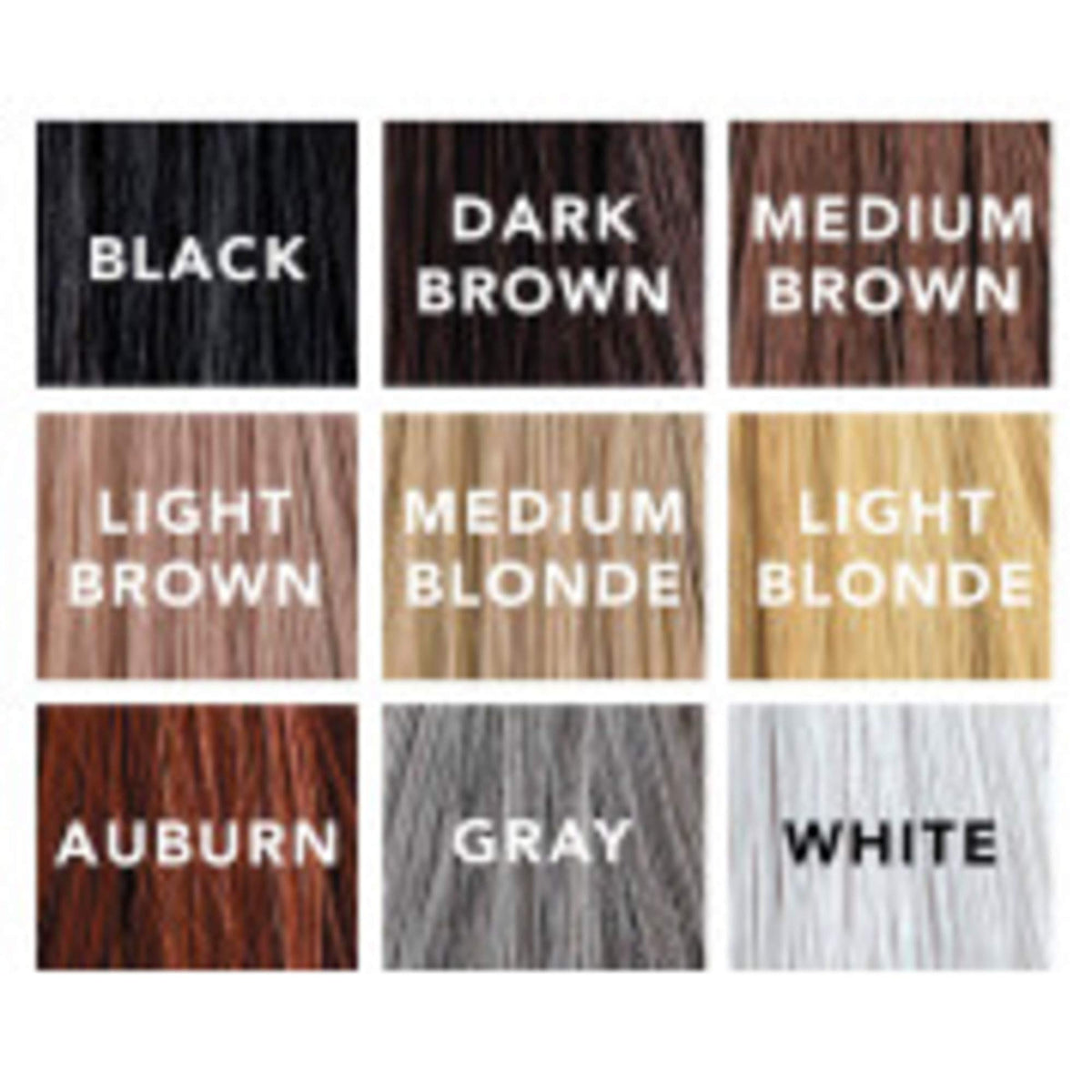 Shade chart of nine hair fiber colours from black to white, including gray