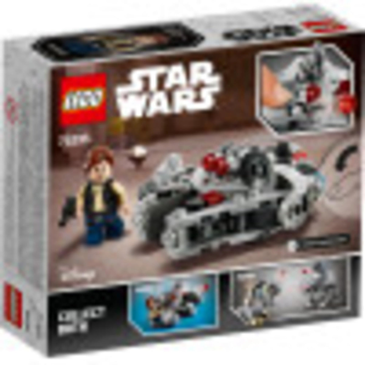 Back of the microfighter box showing Han Solo and the Falcon build features