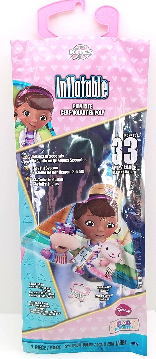 Packaged 33 inch inflatable kite with Doc McStuffins, Hallie and Lambie on a pink and teal bag