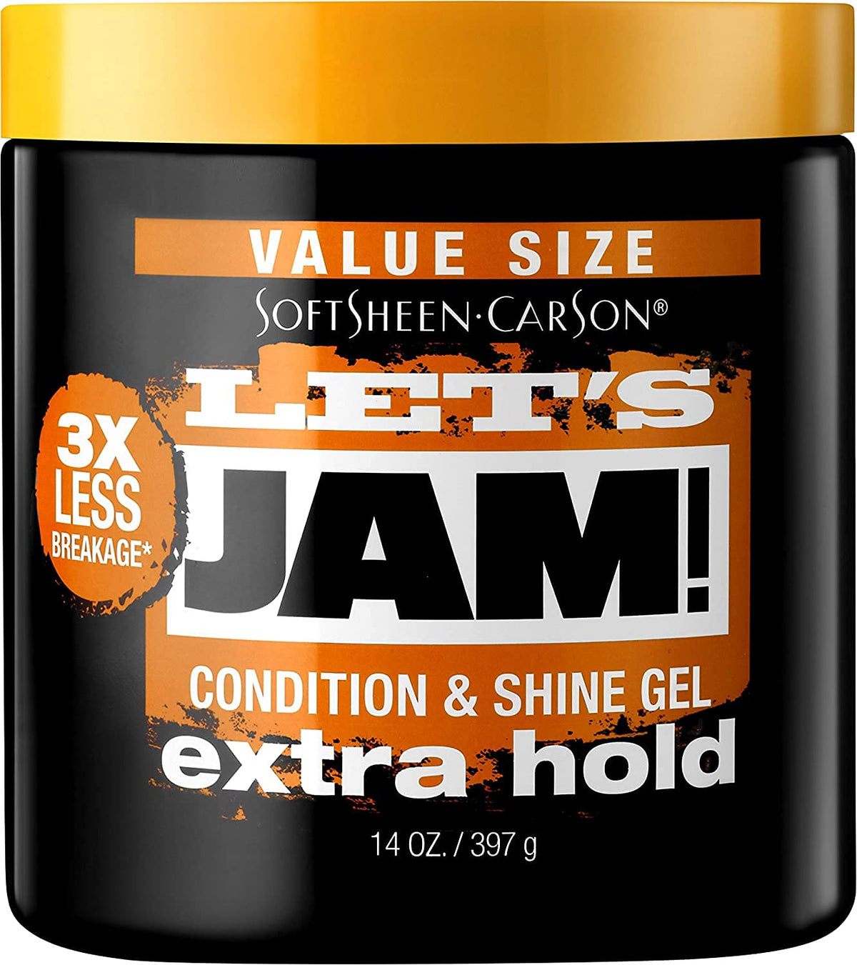 Black 14 oz value size jar of extra hold condition and shine gel with a yellow lid