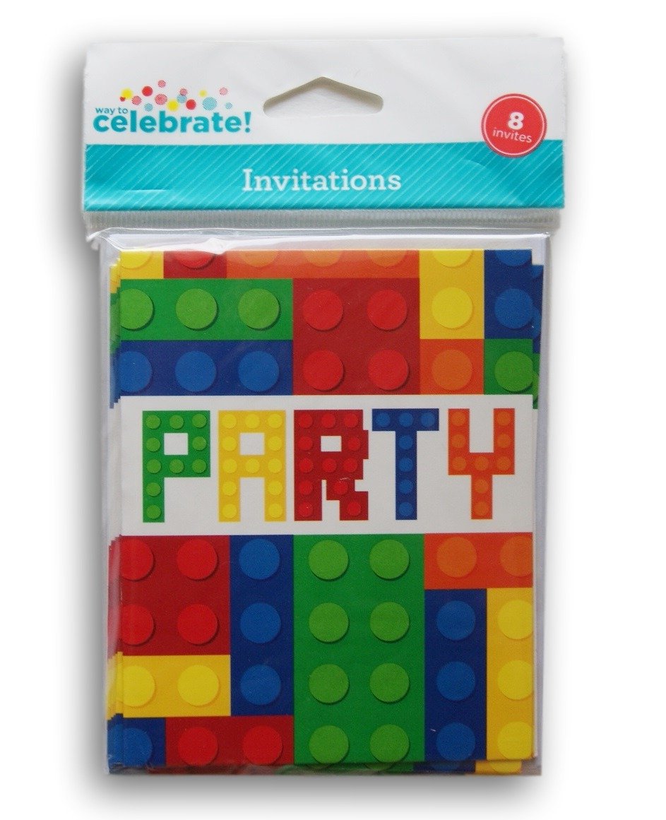 Pack of 8 party invitations with red, blue, green and yellow toy brick design