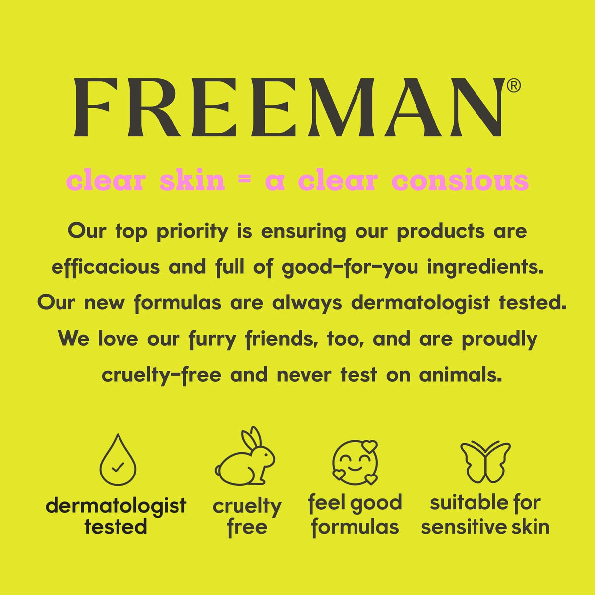 Lime green panel with dermatologist tested, cruelty free and sensitive skin icons