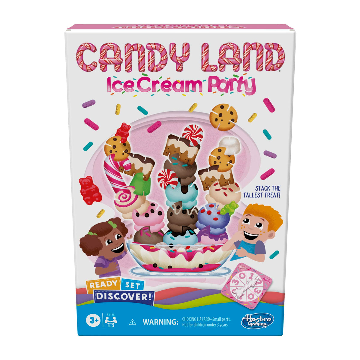 Front of the ice cream party stacking game box with a towering sundae and two kids