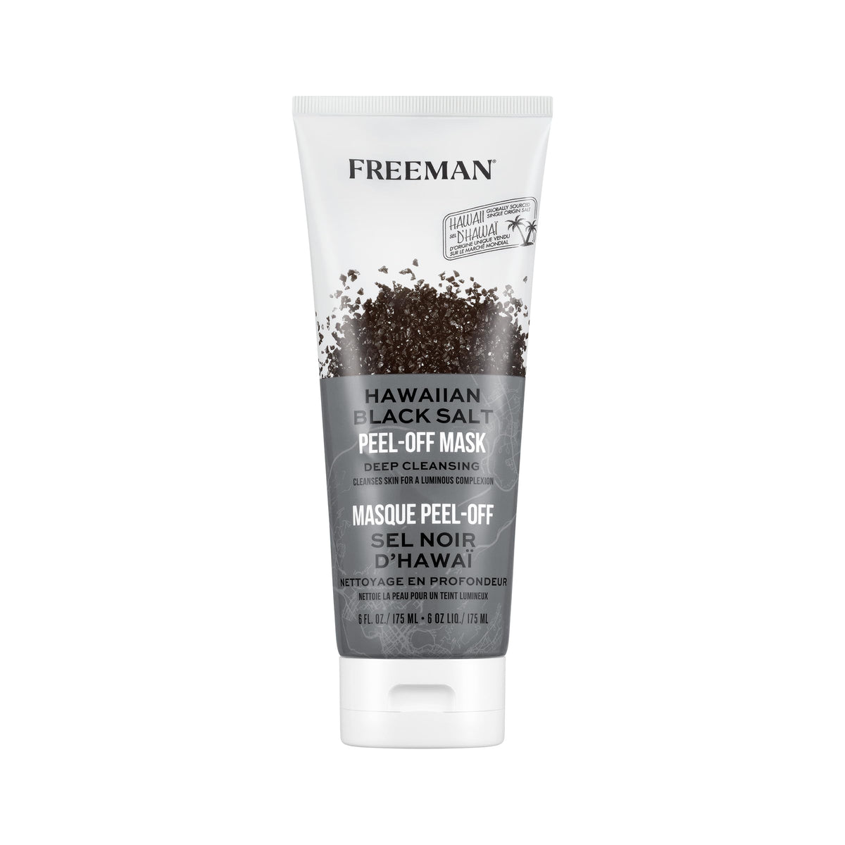 White and grey tube of Hawaiian Black Salt peel-off mask with black salt crystals