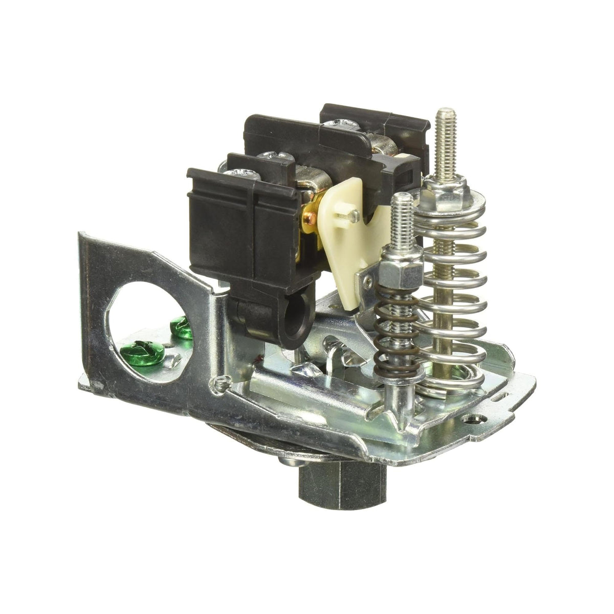 Close-up of the uncovered switch mechanism with brown terminal blocks and range springs