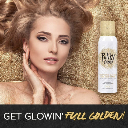 Punky Temporary Hair and Body Glitter Spray, Gold - Lightweight Shimmery Glow for Hair, Skin, and Clothes, Easy-to-Use Sparkly Glitter Hairspray, 3.5 oz