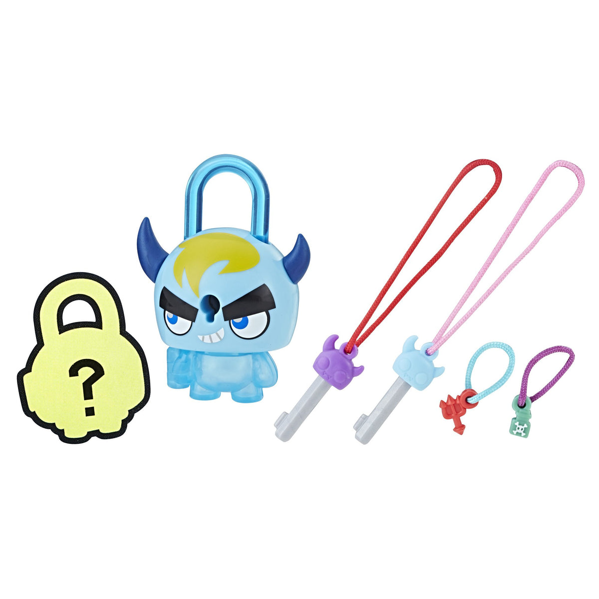 Blue horned monster padlock toy with two keys on cords, two charms and a mystery lock card