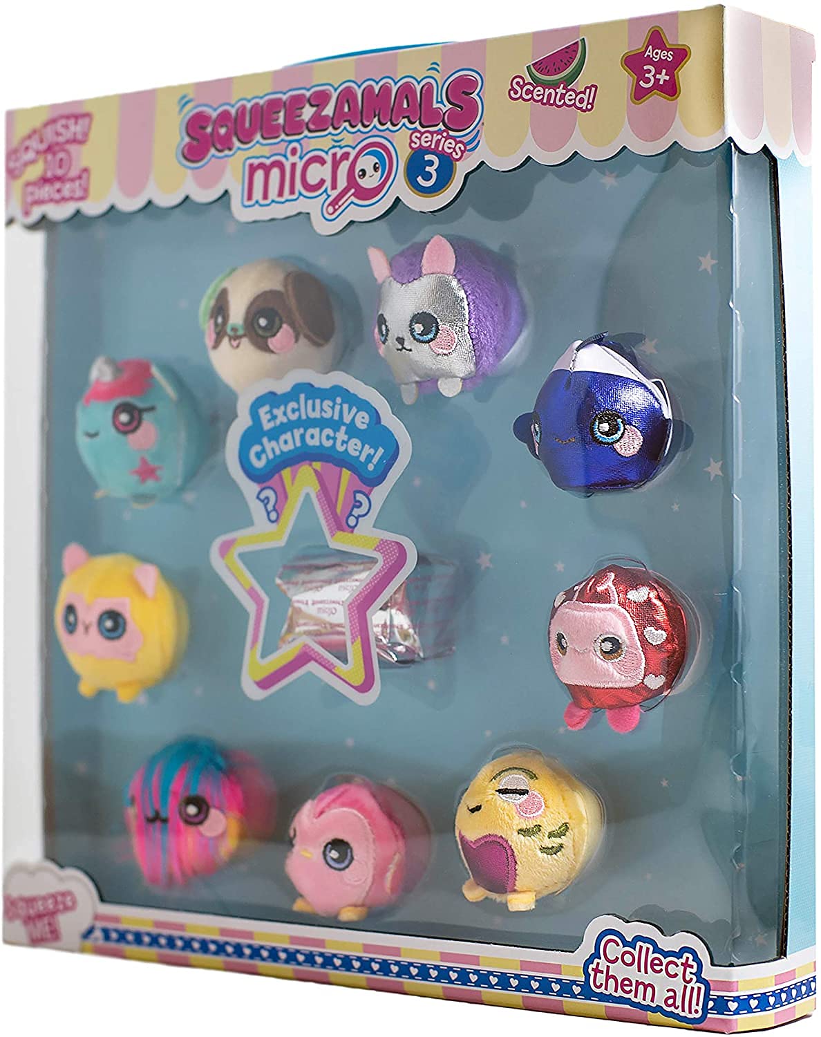 Micro plush set box angled left, showing the unicorn, pug and whale plush