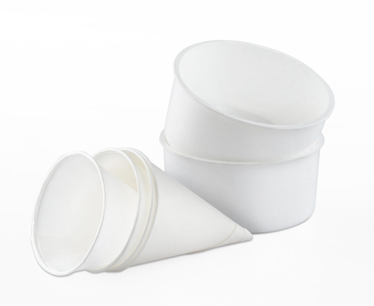 White paper snow cone cups and round paper bowls included with the maker