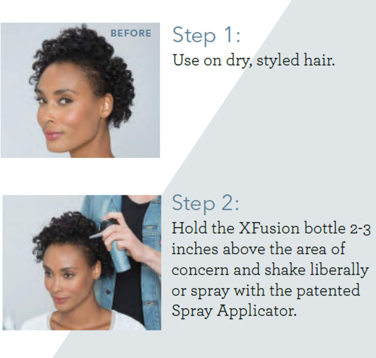 Steps 1 and 2: woman's thinning hairline before, then fibers shaken over her hair