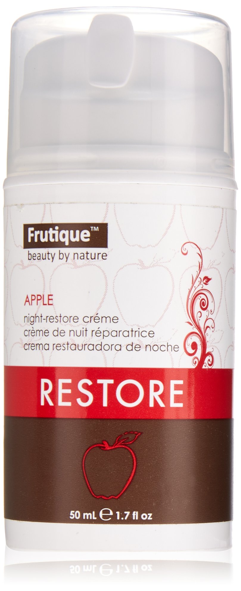 White 50 ml pump bottle of apple night-restore creme with a red and brown label