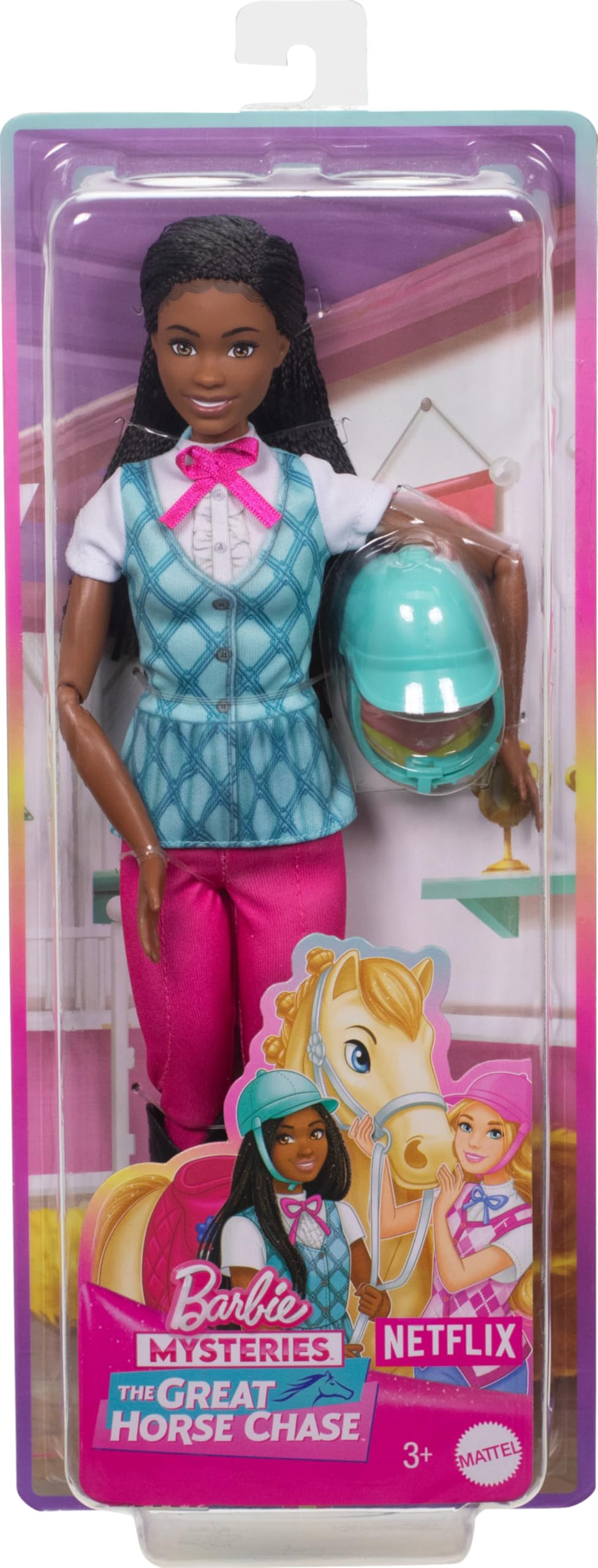 Barbie Mysteries The Great Horse Chase Brooklyn doll in its box with Netflix branding