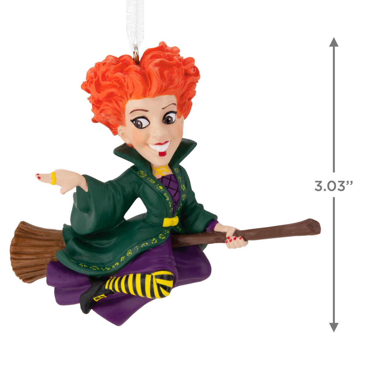 Size guide showing the broomstick witch ornament at 3.03 inches tall