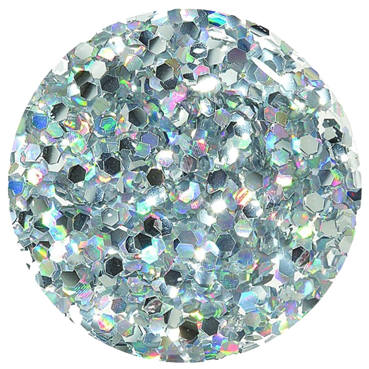 Close-up swatch of silver holographic hexagon glitter