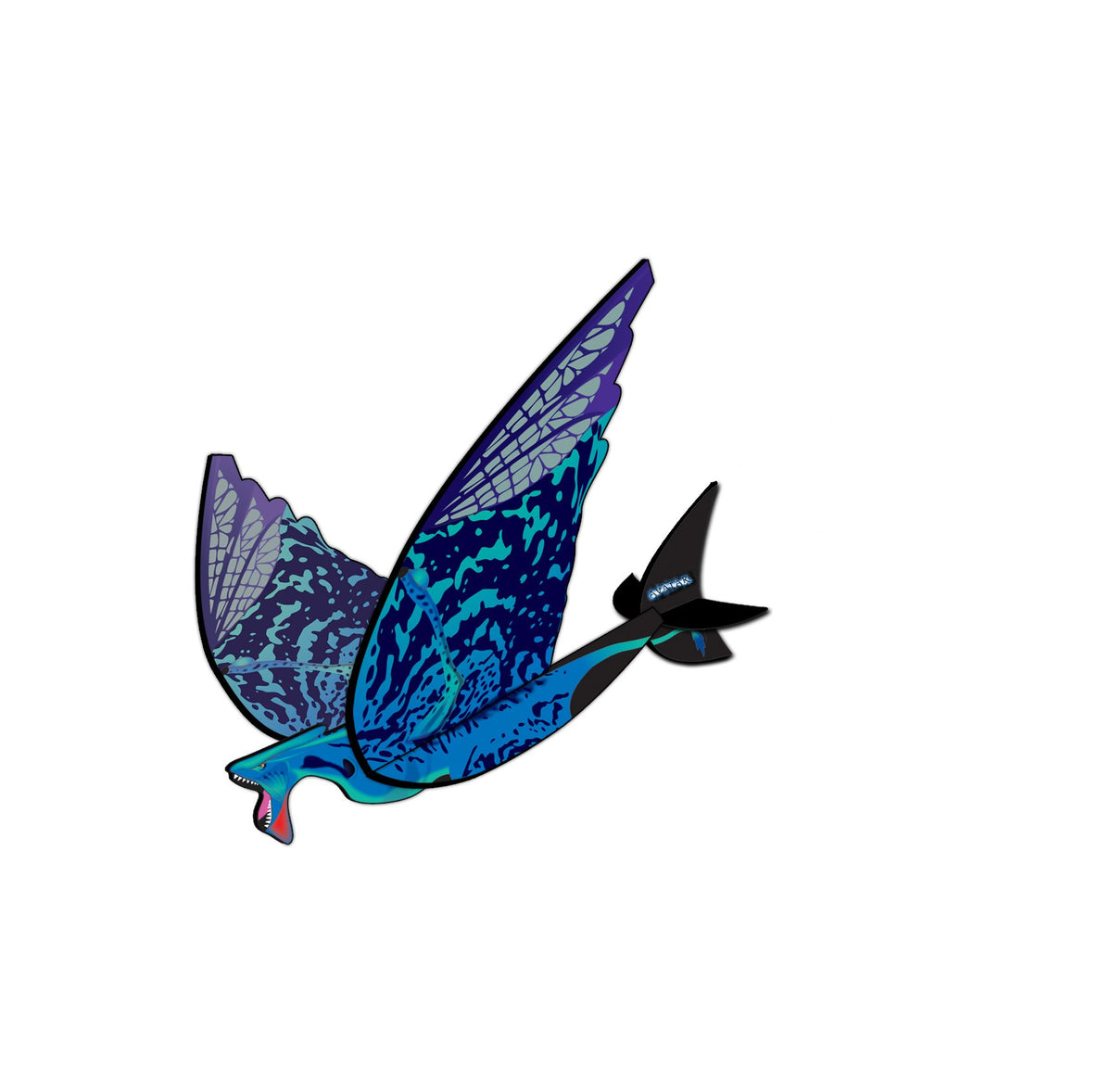 Blue and purple flying creature glider with dragonfly-style wings and black tail