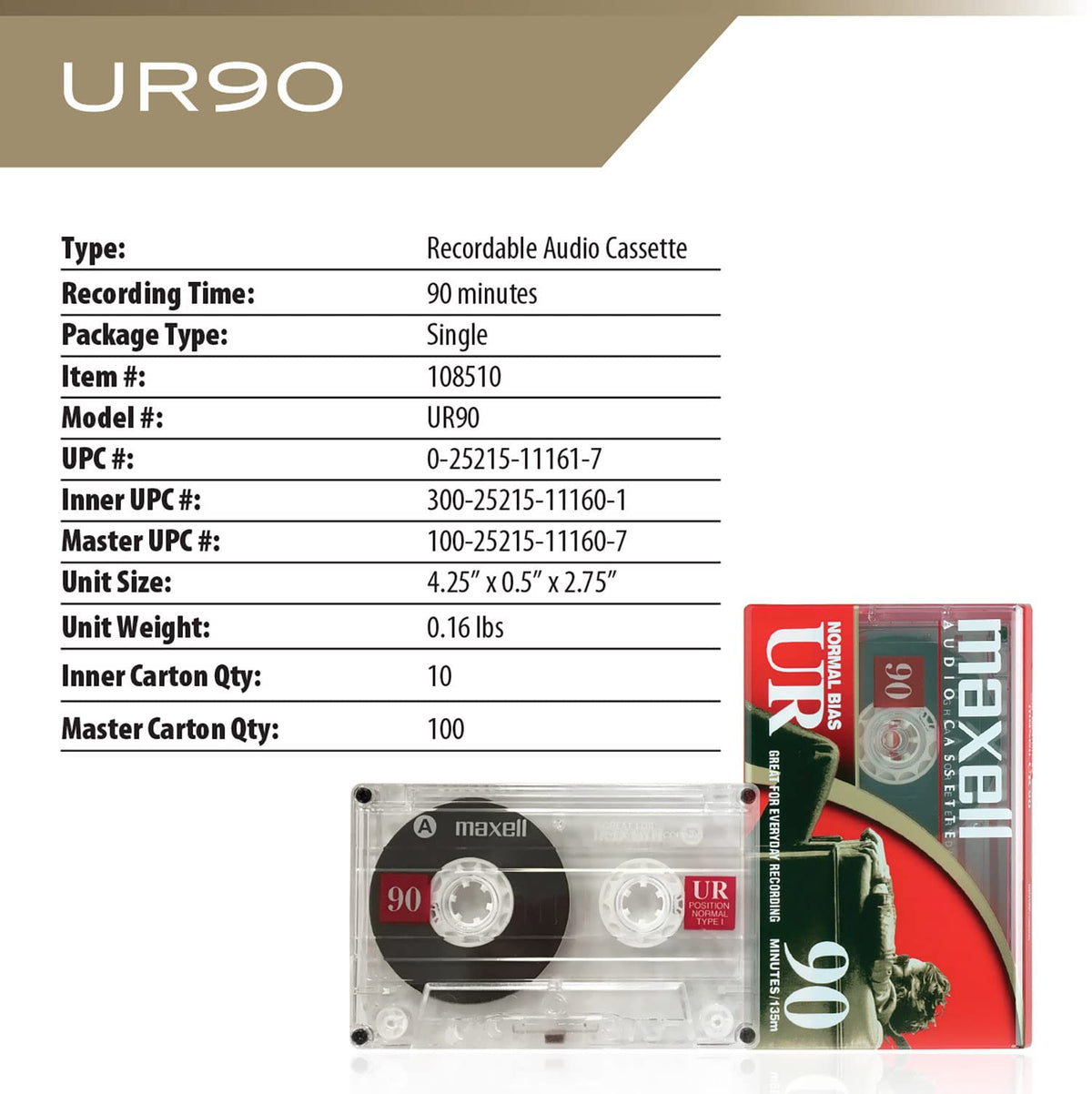 Spec table for the 90 minute cassette with the packaged and unboxed tape below