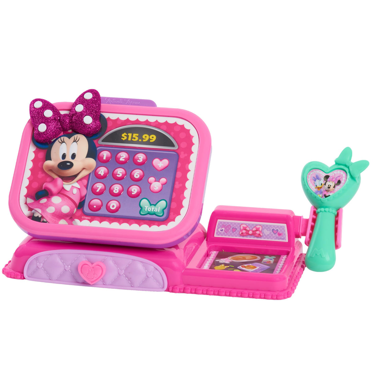 Front view of the pink Minnie Mouse Bowtique cash register with keypad and quilted purple drawer