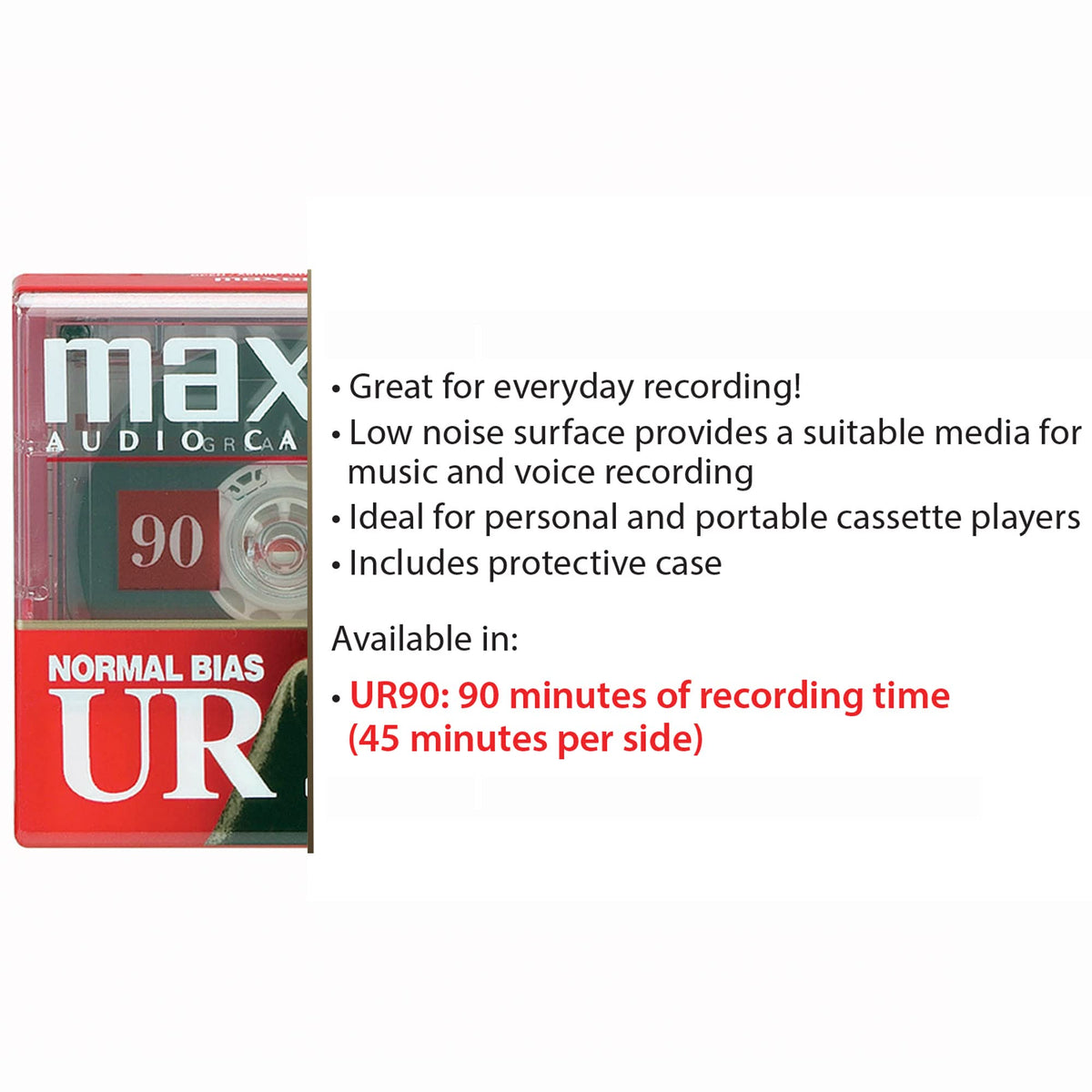 Edge of the red cassette package beside a list of features and 90 minute recording time