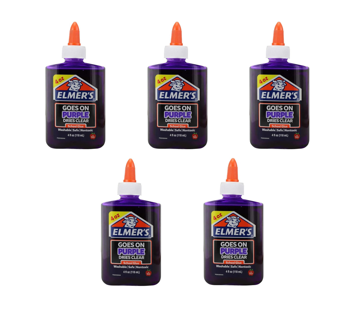 Five 4 oz bottles of Elmer's goes on purple dries clear school glue