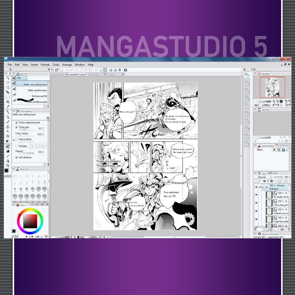 Manga Studio 5 screenshot of a black and white comic page being inked