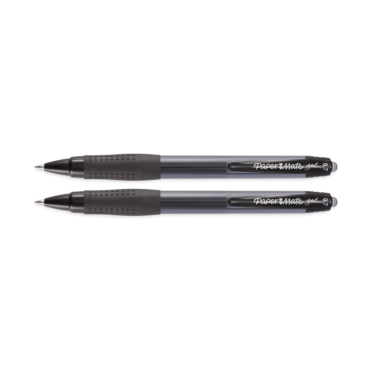 Two black Paper Mate retractable gel pens with rubber grips, 0.7 mm