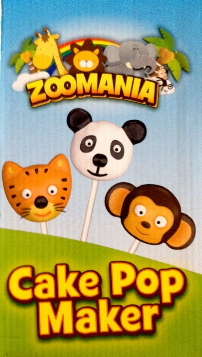 Side of the cake pop maker box with tiger, panda and monkey cake pops on sticks