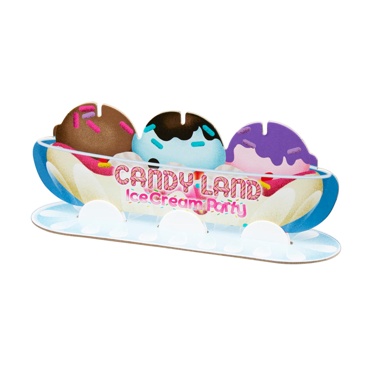 Cardboard banana split bowl stand with three ice cream scoops