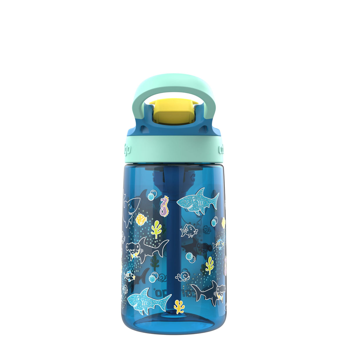 Back of the blue shark-print kids water bottle with its carry handle and yellow button