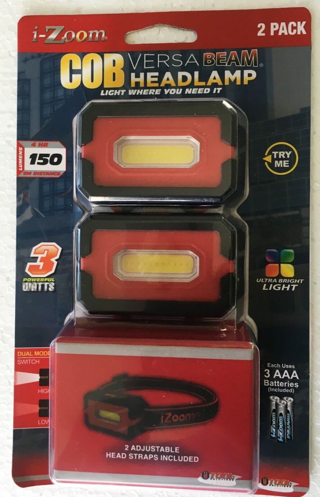 Two red and black COB headlamps in a blister pack with head straps and AAA batteries