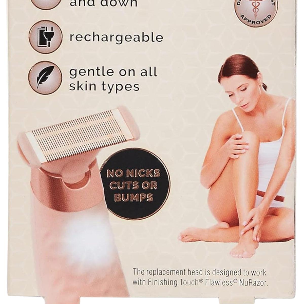 Close-up of rose gold shaving head on razor beside woman seated with smooth legs