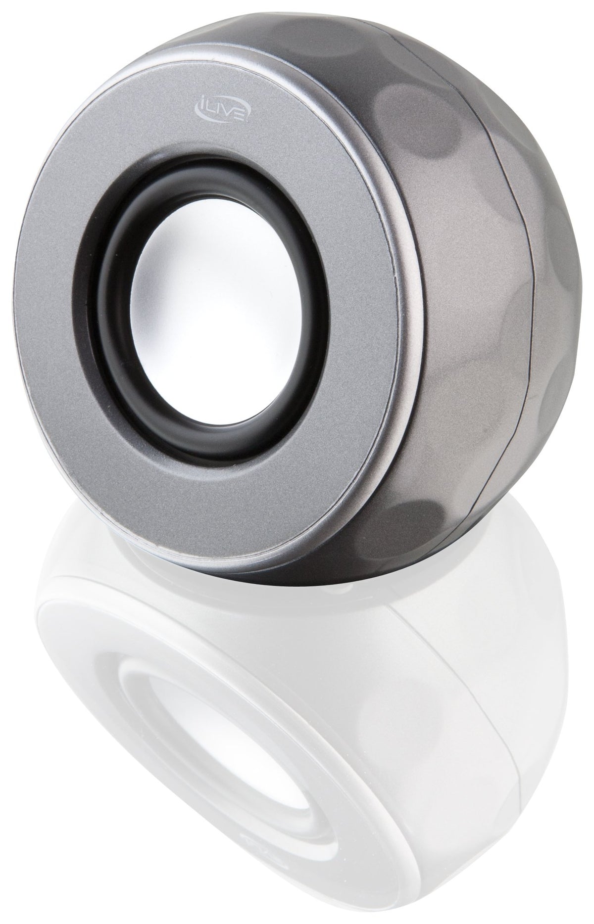 Round silver iLive portable Bluetooth speaker shown at an angle with reflection