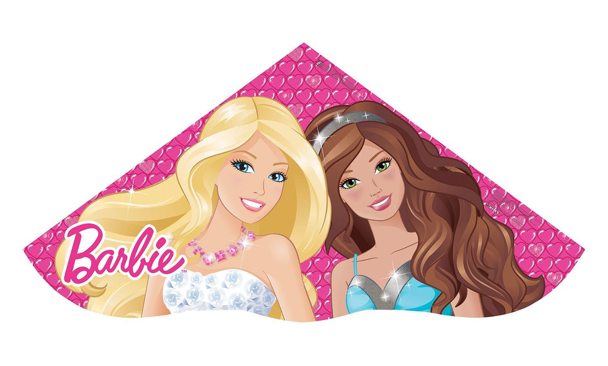 Pink heart-print delta kite with blonde and brunette Barbie characters