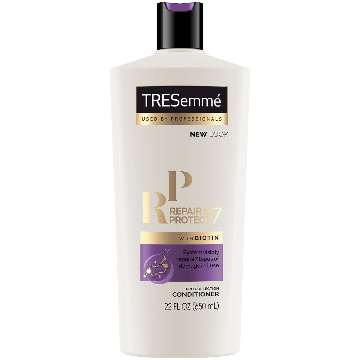 White 22 oz bottle of repair and protect 7 conditioner with biotin, purple and gold label