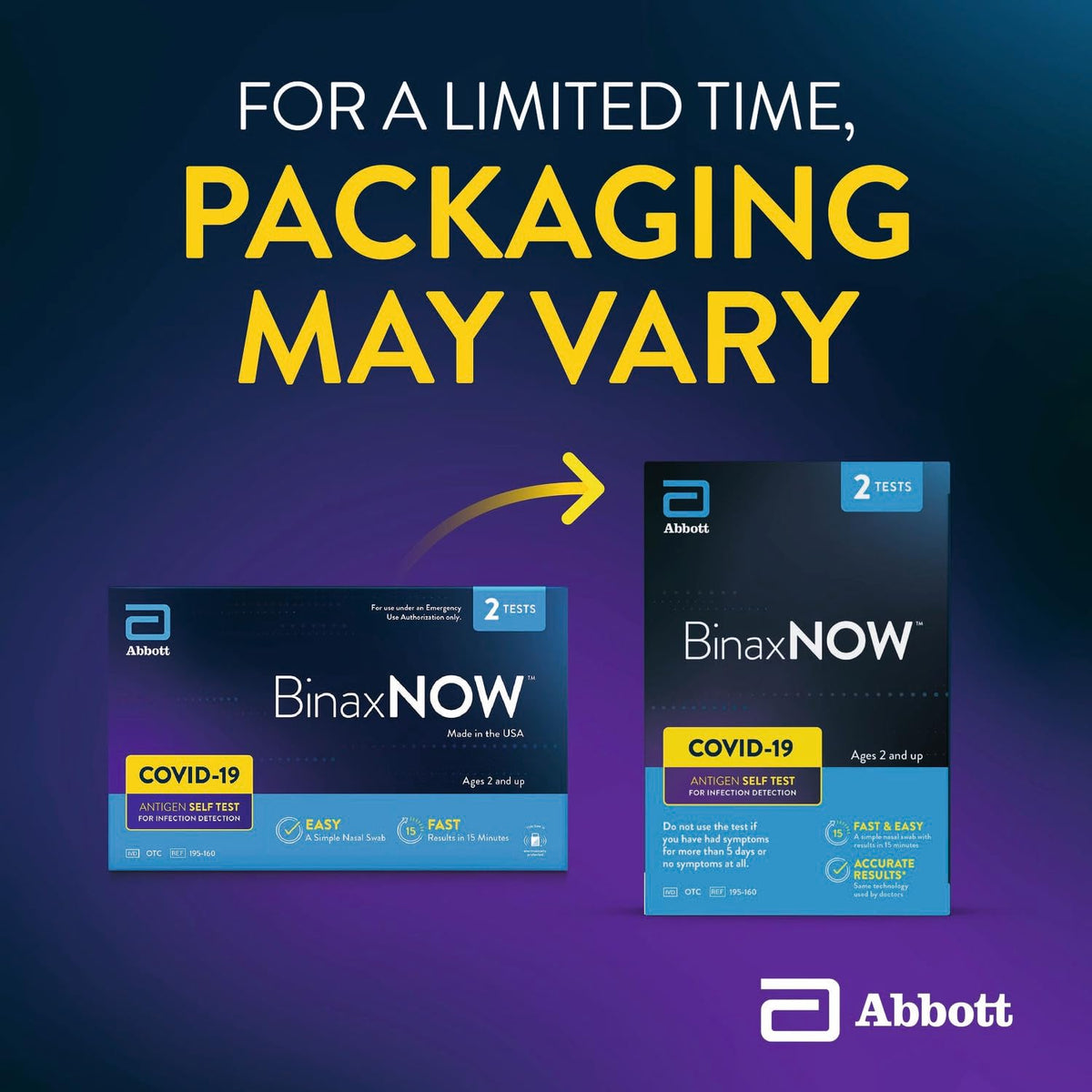 Old wide BinaxNOW box and new upright box, packaging may vary