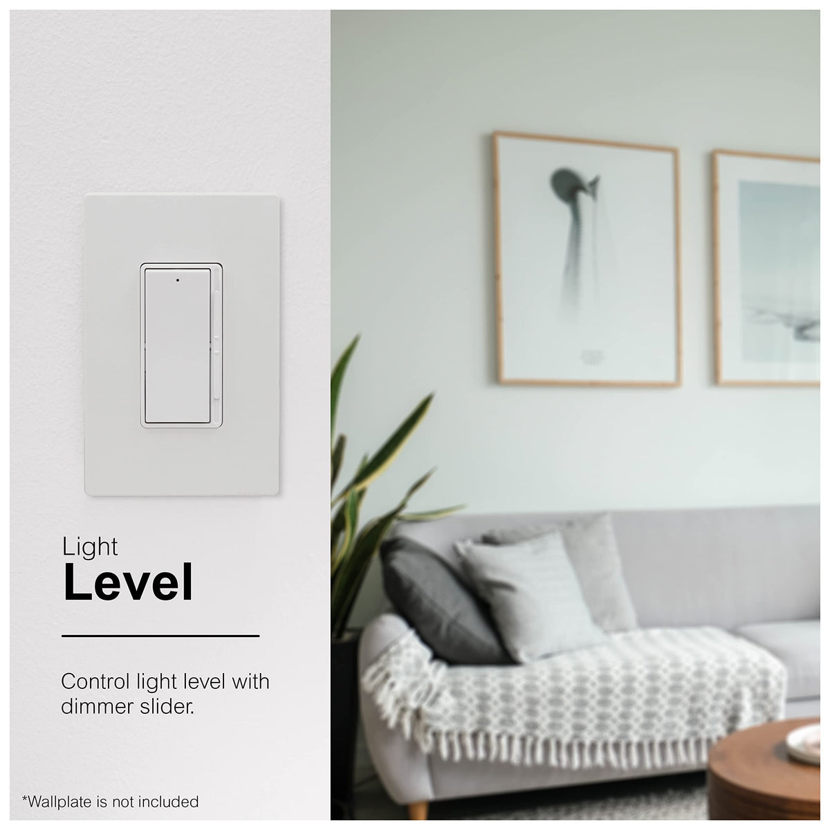 White dimmer with side slider on a wall plate next to a living room with a grey sofa