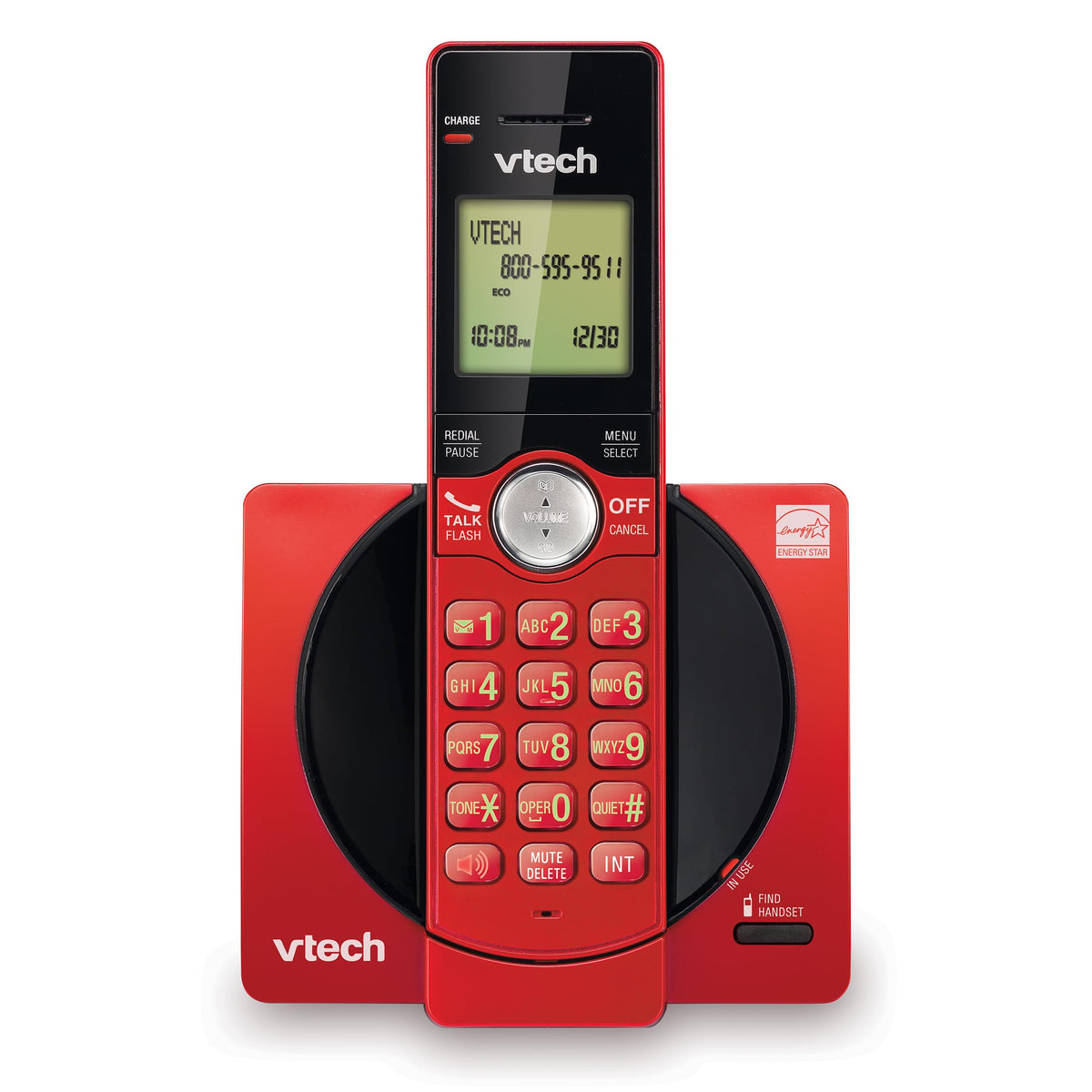 Red cordless phone handset with green-lit screen standing in its red and black base