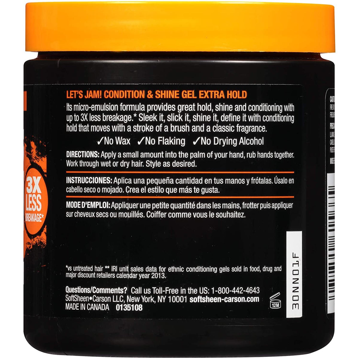 Back label of the gel jar with description and directions in three languages