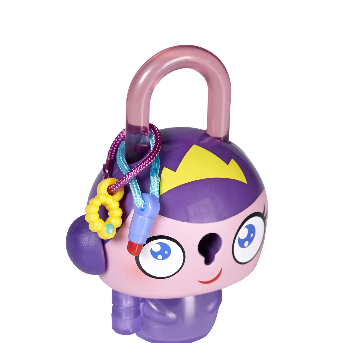 Close-up of the purple padlock figure with a yellow ring and lipstick charm on its shackle