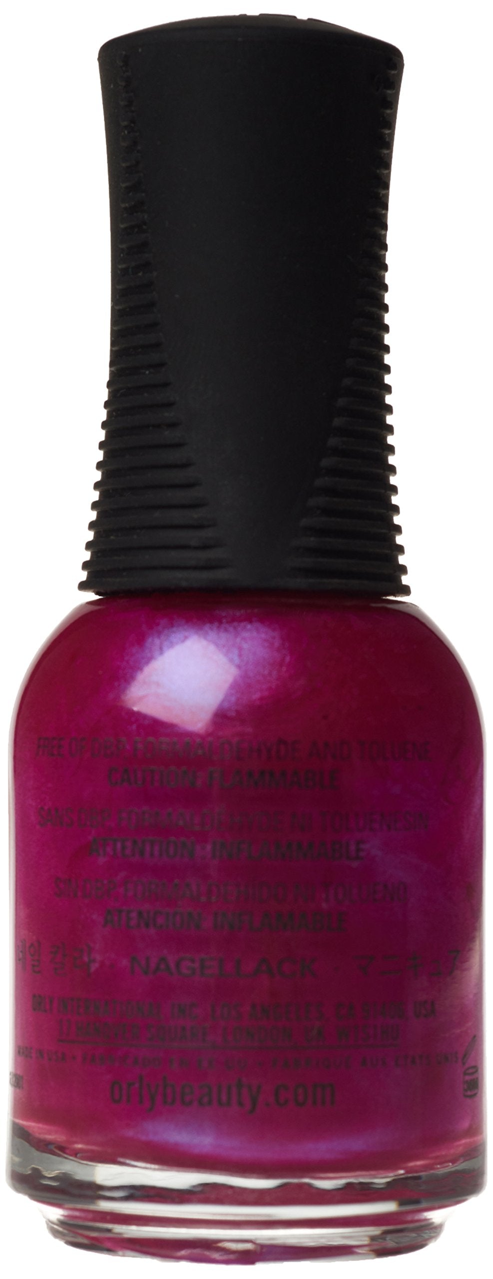 Back of the magenta shimmer Orly nail polish bottle showing the label