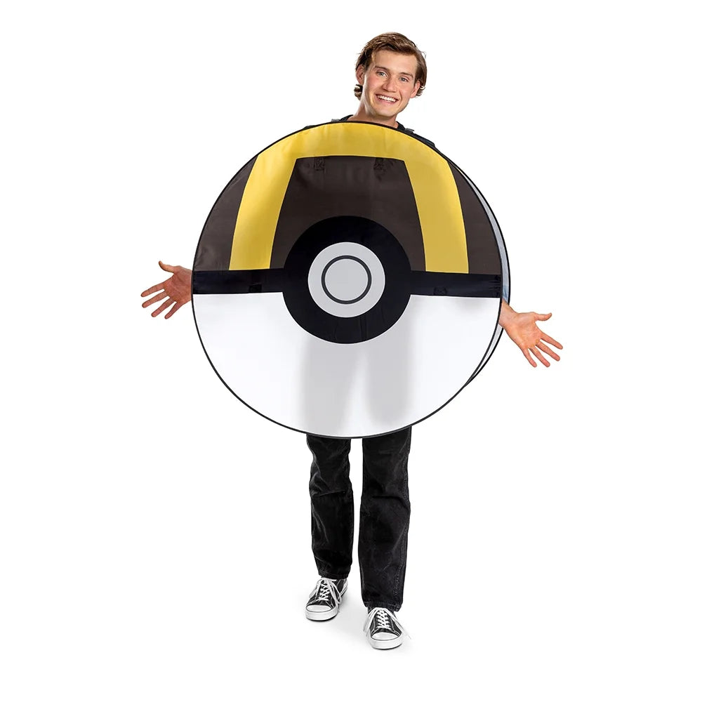 Young man in black wearing the round yellow, black and white pop-out costume