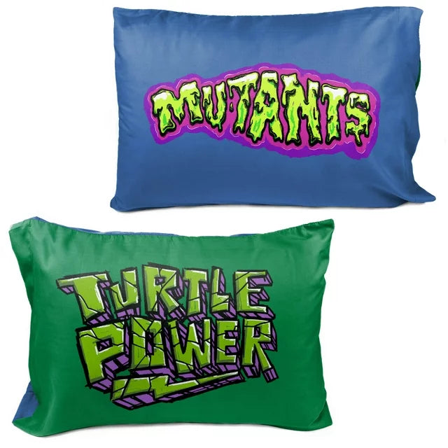 Both sides of the pillowcase: blue Mutants and green Turtle Power
