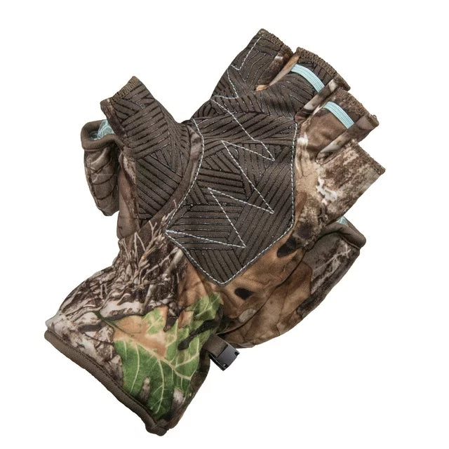 Camo fingerless glove with the mitten flap folded back and teal trim